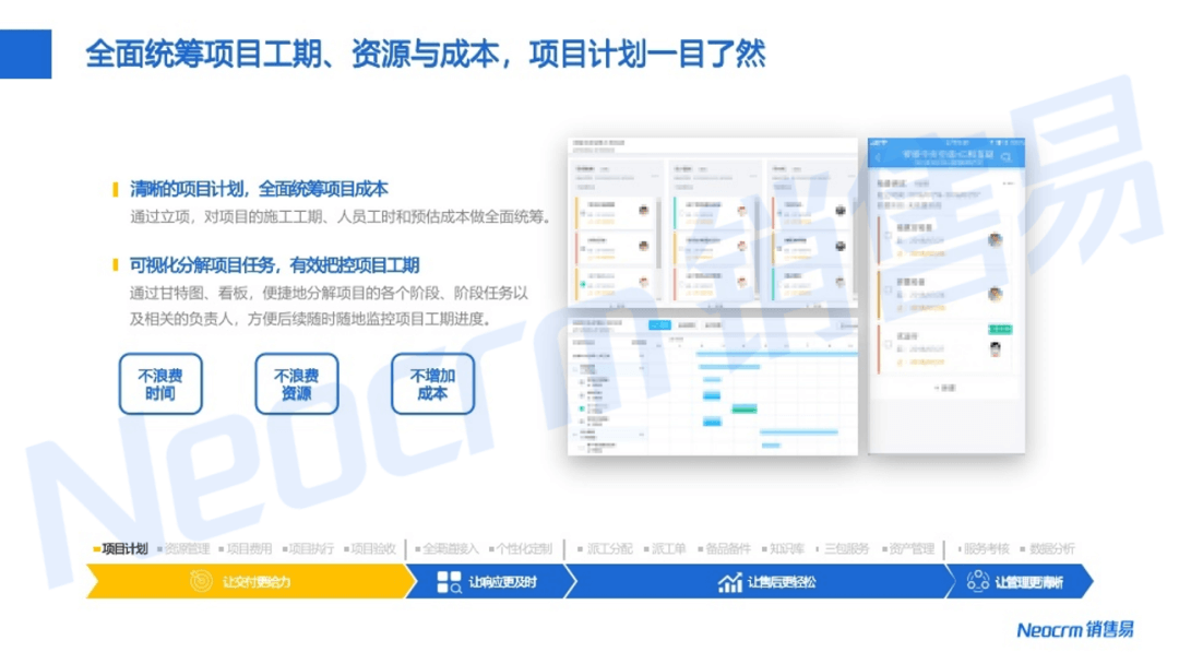 全面统筹项目工期、资源与成本，项目计划一目了然